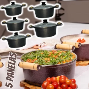 Jogo 5 Panelas Cerâmica Aluminio Fundido Antiaderente Preta Com Cabo de Madeira Cerâmica Atoxica Super Resistente Tampas Em Vidro Temperado Modernas Elegantes Duráveis Fácil De Lavar